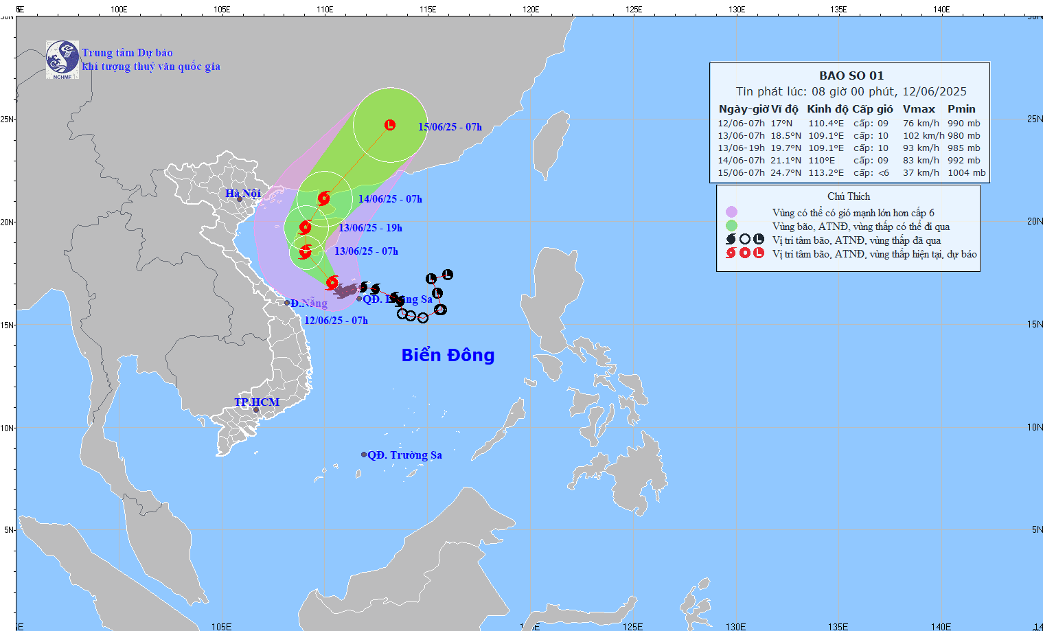 Hướng di chuyển bão số 1 cập nhật sáng 12/6. Nguồn: NCHMF
